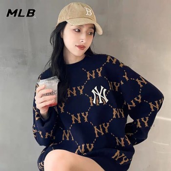 MLB官方情侣卫衣2023秋新款男女装老花宽松针织套头衫潮3AKPM0226